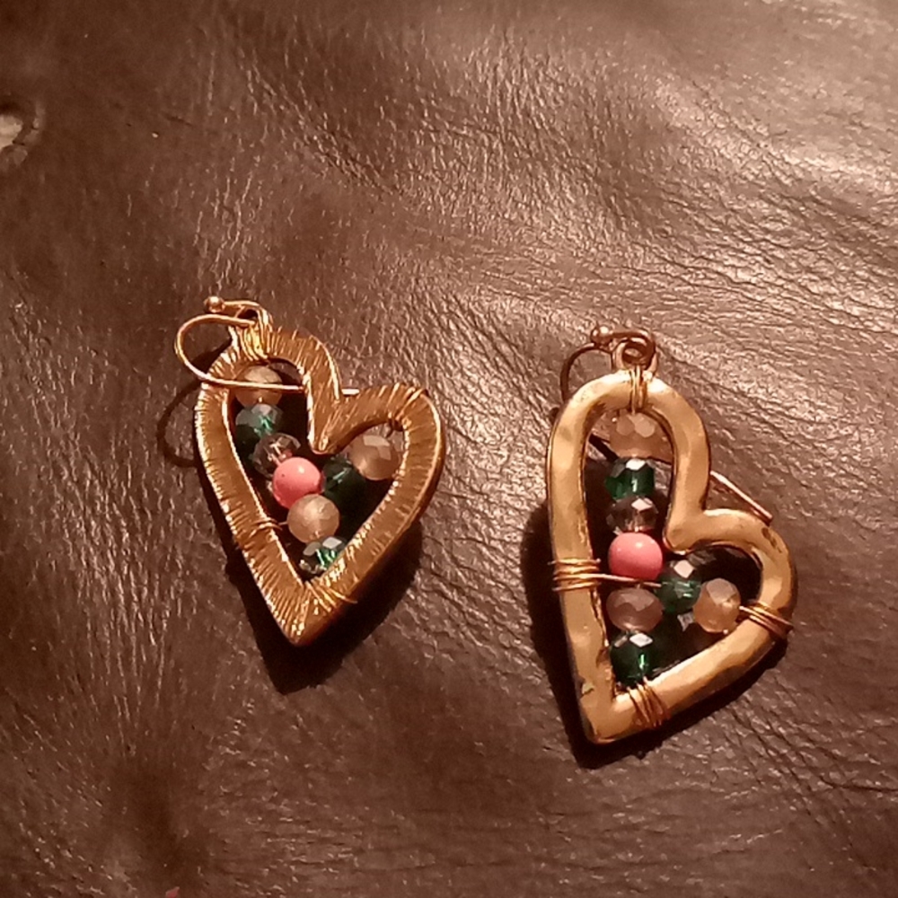 Gold plated heart earrings w aqua,clear,n pink stones n beads inside each heart